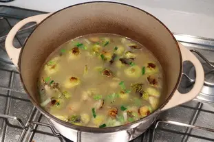 Sopa rústica con puerros y coles de Bruselas