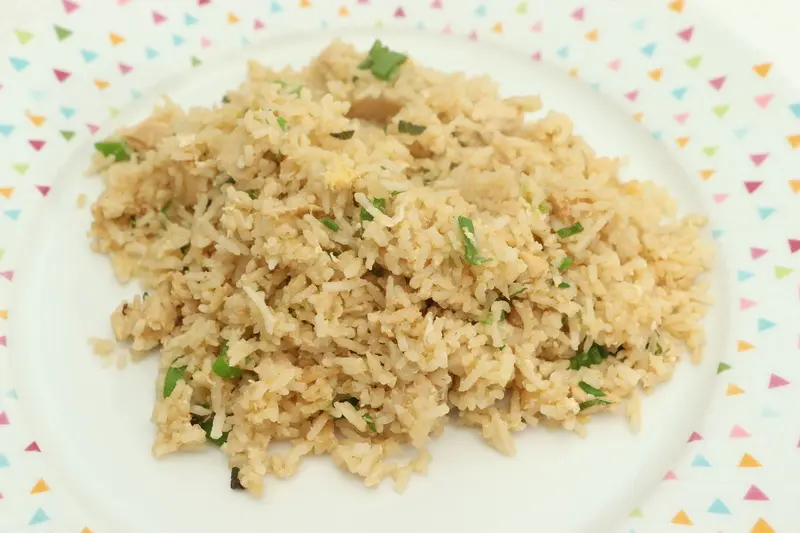 Arroz frito con pollo y cebolleta
