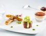 Croustillant de confit de canard, panacotta de foie gras, tartare aux 2 magrets